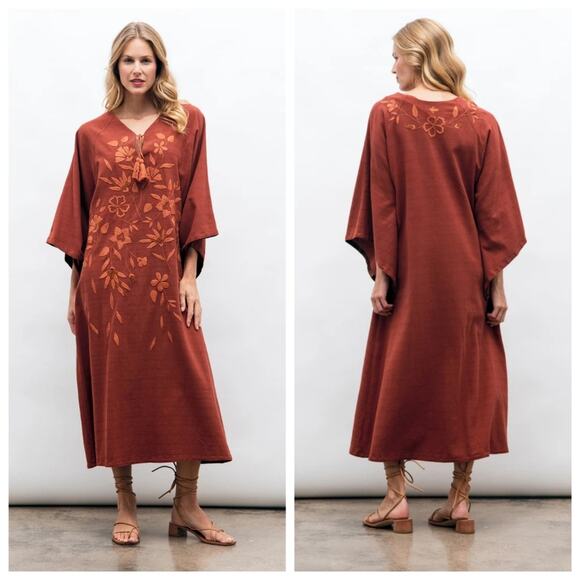 Mi Golondrina Dresses & Skirts - Mi Golondrina Ximena Maxi Kaftan Dress Medium Burnt Orange Embroidered Resort